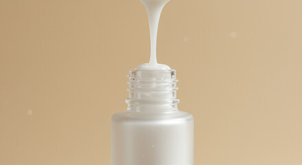 Poster - Cosmetic bottle with white cream pouring out. White cosmetic cream pouring into a bottle
