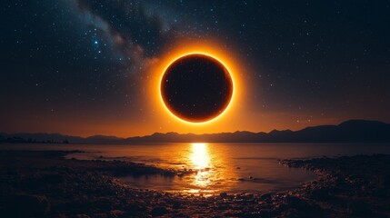 Wall Mural - total solar eclipse rising over tranquil lake at starry night