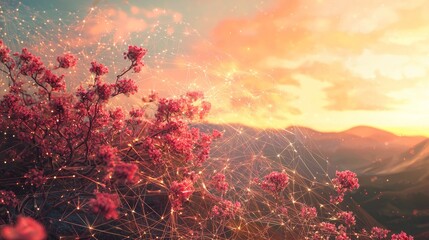 Poster - Radiant Horizon with Floral Elements and Digital Connections at Sunset