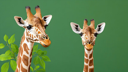 two giraffes, heads and necks, green background, leaves, wildlife photography, zoo or safari