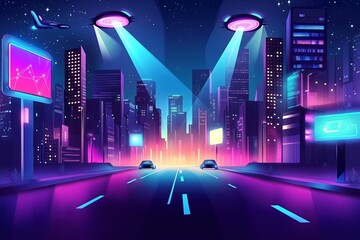 Poster - A futuristic cityscape with neon lights, holographic billboards