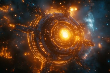 Poster - A futuristic space station orbiting a gas giant, with intricate details, glowing lights