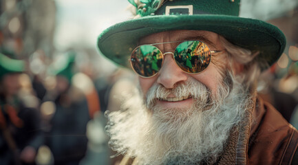 A man with a green hat and sunglasses is smiling. He is wearing a green hat and sunglasses. Patrick's Day tradition costume for Irish holiday. Festival party uniform