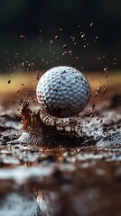 Poster - Closeup shot of a golf ball crashing into a muddy surface mud splashing in all directions as the ball leaves a trail with minimal lighting casting shadows to create a sense of mystery