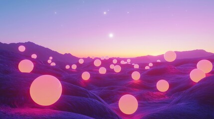 Poster - Ethereal Orbs Scattered Across a Dreamy Smooth Landscape at Sunset