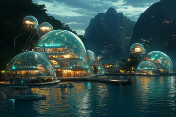 Poster - A futuristic underwater city with transparent domes, glowing sea creatures