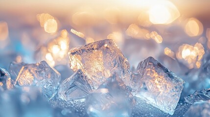 Poster - Floating Digital Ice Crystals Shimmering in Ethereal Light at Sunset