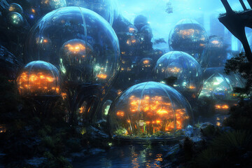 Wall Mural - A futuristic underwater city with transparent domes, glowing sea creatures