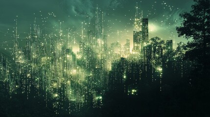 Poster - Futuristic City Skyline Illuminated by Shimmering Light Effects at Dusk