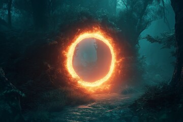 Poster - A glowing portal in the middle of a dark forest, with mysterious symbols and a sense of adventure