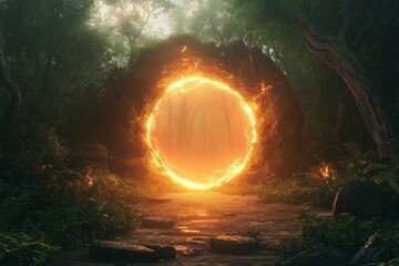 Poster - A glowing portal in the middle of a dense forest, with mysterious energy radiating from it,