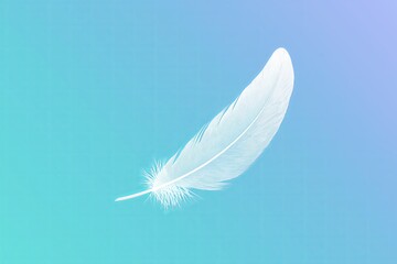 Poster - A gradient background blending shades of blue and white, with a single floating feather, simple and serene 