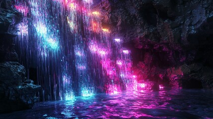 Poster - Luminous Digital Waterfall with Cascading Lights in Abstract Shapes