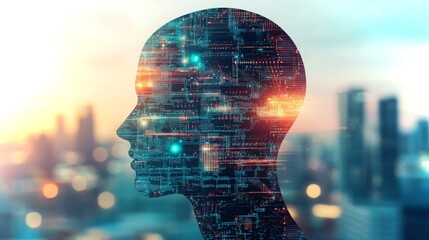 Poster - Digital silhouette of AI and technology set against a city skyline