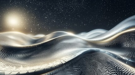 Poster - Silvery Fractal Waves Cascading Against a Starry Night Sky