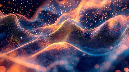 Poster - Soft Glowing Particles Cascading Like Rain Over Abstract Colorful Waves