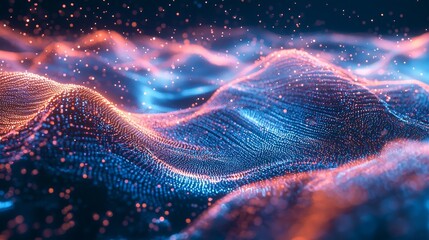 Poster - Soft Glowing Particles Cascading Like Rain Over Abstract Waves in Motion