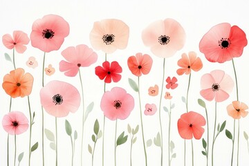 Canvas Print - Beautiful watercolor illustration of blooming flowers in pastel pink, red, and peach hues, perfect for spring themed designs and floral backgrounds