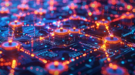 Fototapete - Brightly illuminated microchip circuit with intricate patterns and glowing connections, embodying the beauty of technology at night. Colors blend to create a captivating visual effect.