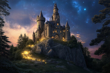Poster - a medieval castle on a hill, surrounded by a glowing enchanted forest, with a starry night sky above