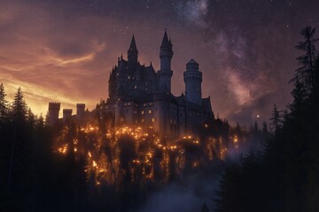Poster - a medieval castle on a hill, surrounded by a glowing enchanted forest, with a starry night sky above
