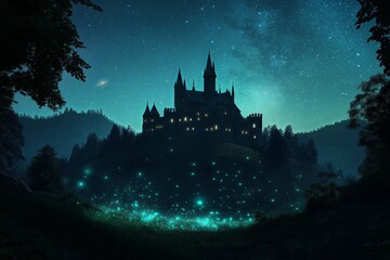 Poster - a medieval castle on a hill, surrounded by a glowing enchanted forest, with a starry night sky above