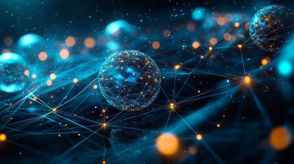 Poster - Vibrant Orbs of Data Floating Through a Cosmic Digital Space