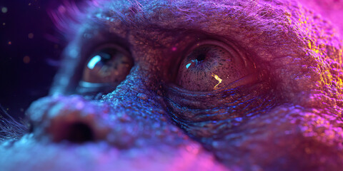 Poster - Close-up of a Creature's Eye and Facial Texture under Pink and Blue Lighting