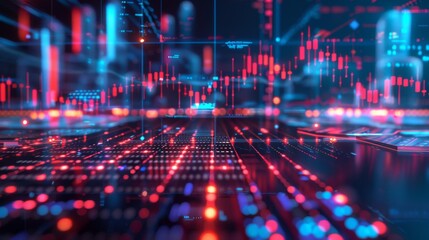 Aufkleber - Vibrant display of financial data with bright bars and lines illustrating market trends during an active trading session in a digital environment