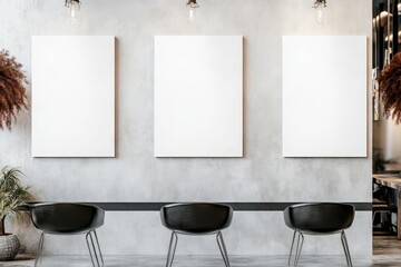 Wall Mural - Three blank canvases on a wall above three black chairs in a modern interior.