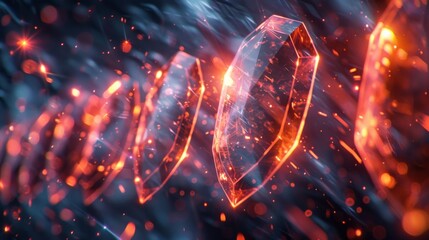 Aufkleber - Vibrant crystals radiate warmth and light in a captivating display, surrounded by a mystical ambiance filled with dynamic energy and swirling particles at twilight.
