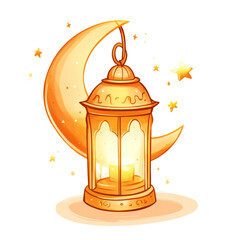 Aufkleber - A glowing golden lantern hangs from a crescent moon surrounded by stars, symbolizing Ramadan or a similar celestial celebration.