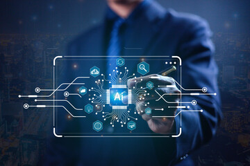 Fototapete - Business data using AI technology background using computer customer service showing data connection storing various data with AI to help simplify documents

