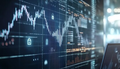 Fototapete - Cybersecurity stock market data displayed on a large screen with a laptop.