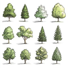 Twelve Detailed Drawings of Various Tree Types