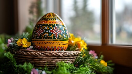 Wall Mural - A detailed view of a hand-painted Easter egg placed on a bed of colorful paper confetti and spring flowers