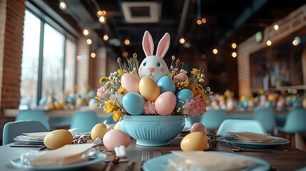 Wall Mural - A display of DIY Easter centerpieces, including handmade fabric bunnies, colorful eggs, and faux flowers, arranged on a table