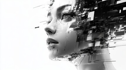 Poster - An artistic portrait that prominently showcases a womans profile, designed in a unique glitchstyle composition