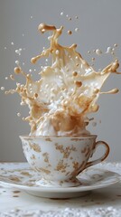 Poster - Coffee cup spins midair splashing dark liquid in graceful arcs Milk swirls into the coffee creating a soft white gradient like a dance liquid beads suspended in midair blending beautifully