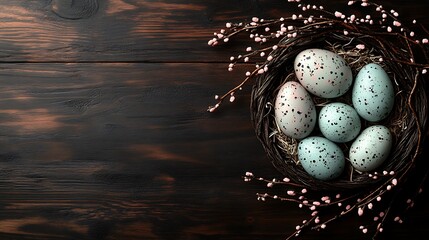 Wall Mural - A handmade Easter basket filled with vibrant eggs, paper flowers, and soft pastel ribbons, placed on a rustic wooden table