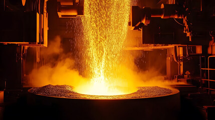 Poster - A vibrant display of molten metal pouring from a furnace, showcasing the intense heat and energy of industrial metalworking