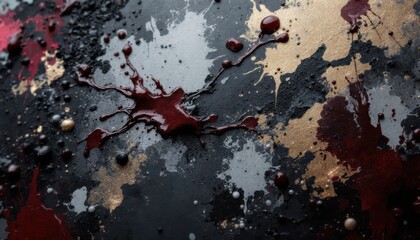 Poster - Abstract art with red splashes on black and gold textured surface