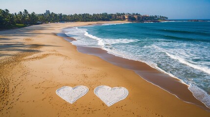 On a tropical beach, two heart shapes are etched into the sand, with a backdrop of turquoise water and a clear blue sky.