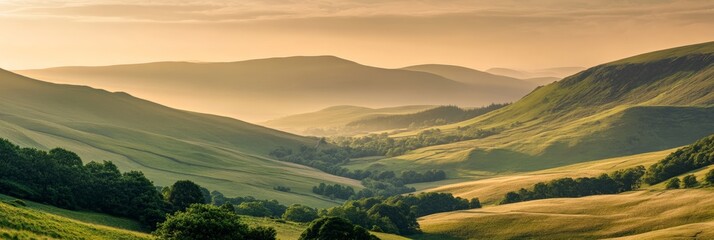 Poster - Rolling green hills and valleys are bathed in the warm golden sunlight of dawn, creating a serene and picturesque landscape with a tranquil atmosphere