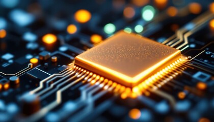 Poster - Glowing microchip on circuit board with orange lights and electronic pathways