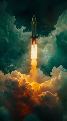Wall Mural - space shuttle blasting off, piercing cloudy sky, rising with intense power toward cosmic exploration