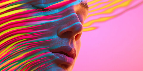 Poster - Close-up Portrait with Multicolored Stripes Overlay