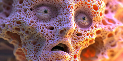 Poster - digital render of porous structure resembling a face