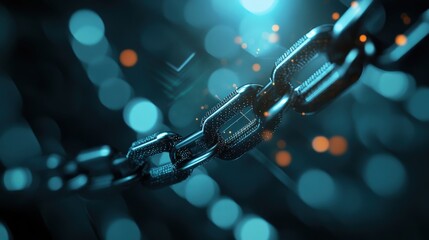 Fototapete - Futuristic Digital Chain Link with Glowing Technology Background