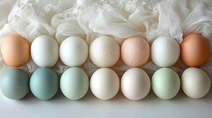 Wall Mural - A set of decorated Easter egg shells, each painted in pastel colors and adorned with delicate lace, resting on a white surface